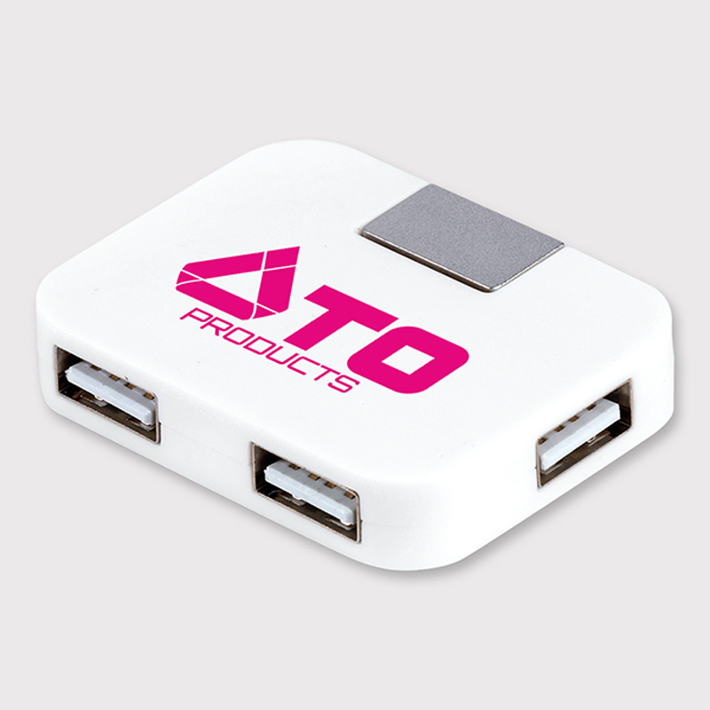 White rectangular usb hub with company logo printed onto the front in one colour
