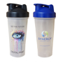 2 700ml shakers with different coloured lids and branding