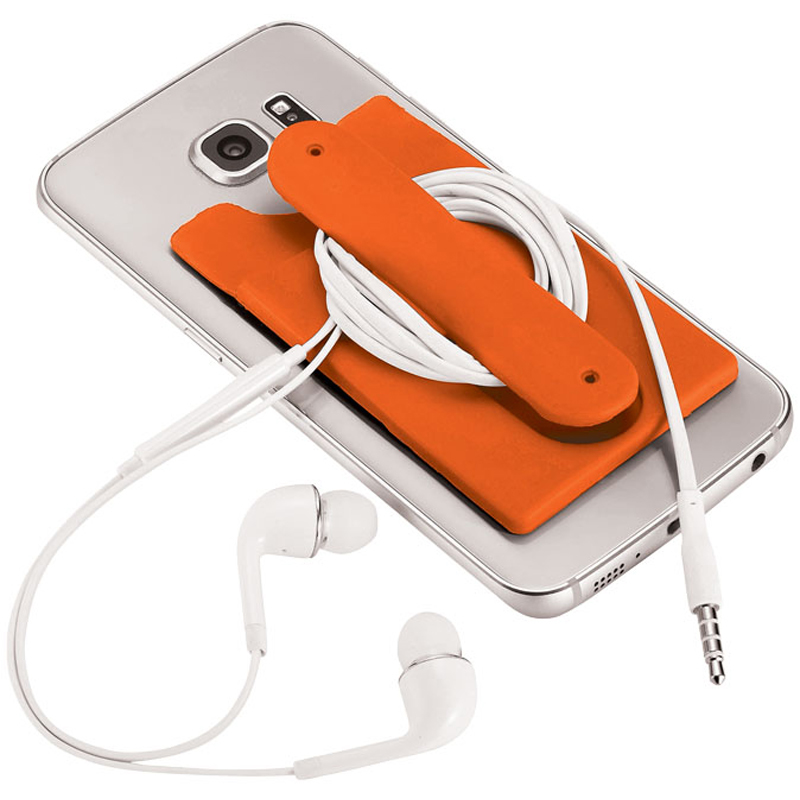 Silicone Phone Wallet With Stand in orange with earphones wrapped around