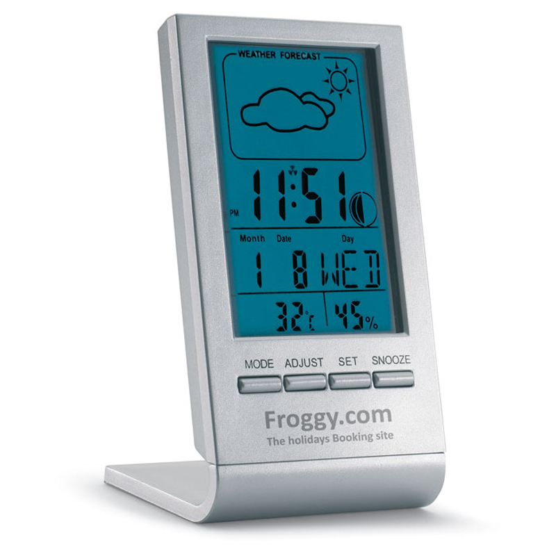 Promotionl weather station with digital screen and company logo printed below