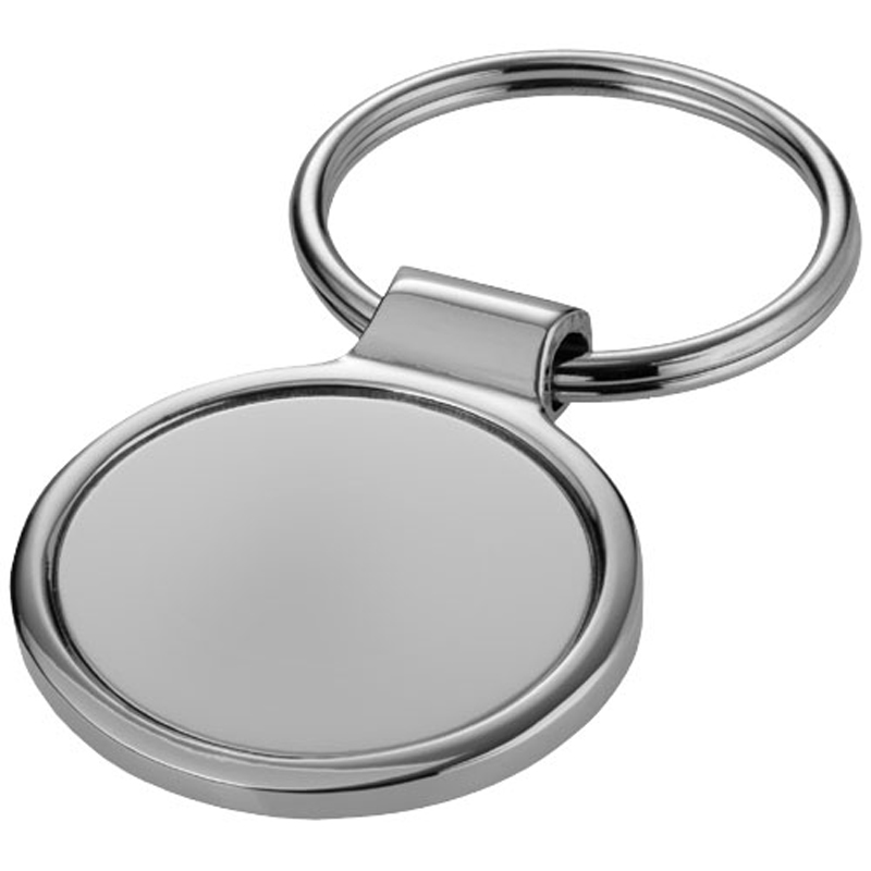 a silver small round key chain with no branding to the front