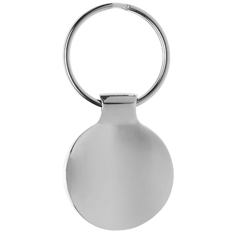 the back of a small round silver keychain