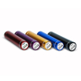 Cylindrical power bank in red, purple, gold, blue and black