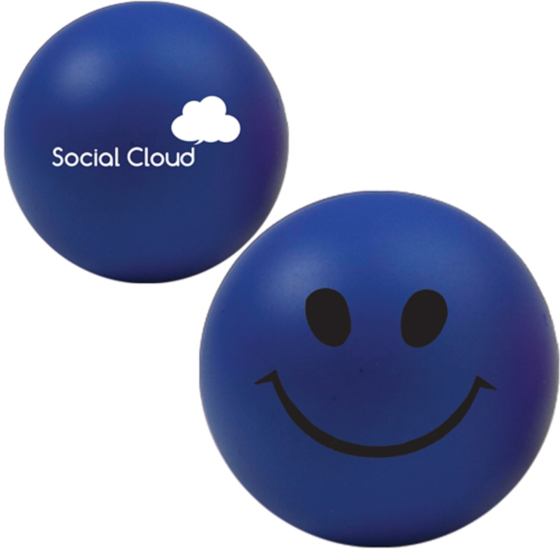 Blue smiley face stress ball with company logo printed on the reverse side
