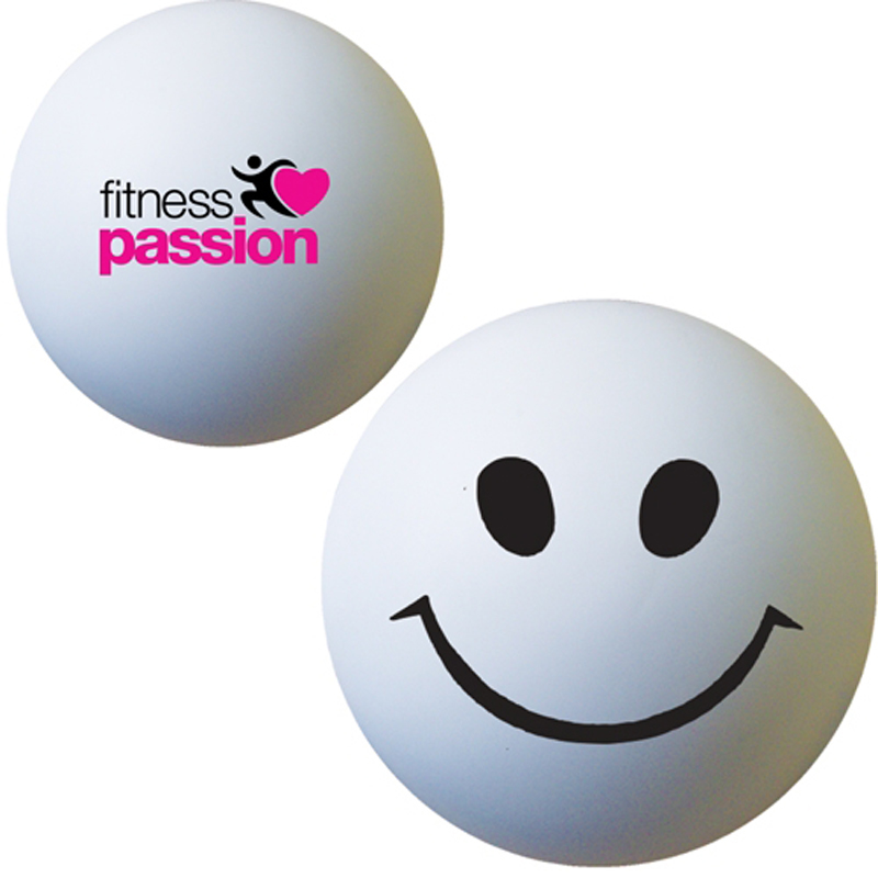 White stress ball, with a smiley face to one side and a company logo printed on the other