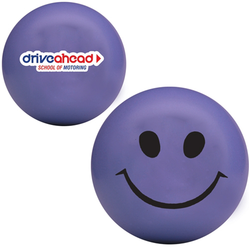 Purple stress ball with smiley face to one side and company logo printed on the other