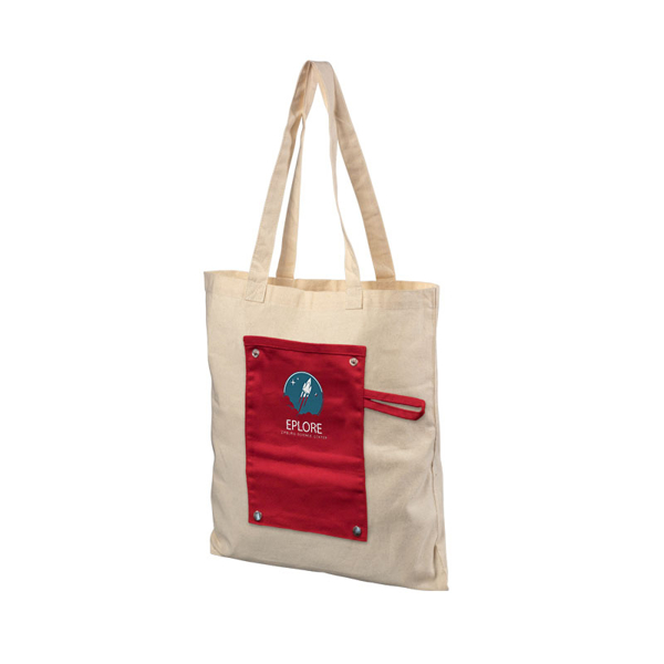 Promotional natural cotton tote with red panel and company logo printed to the front