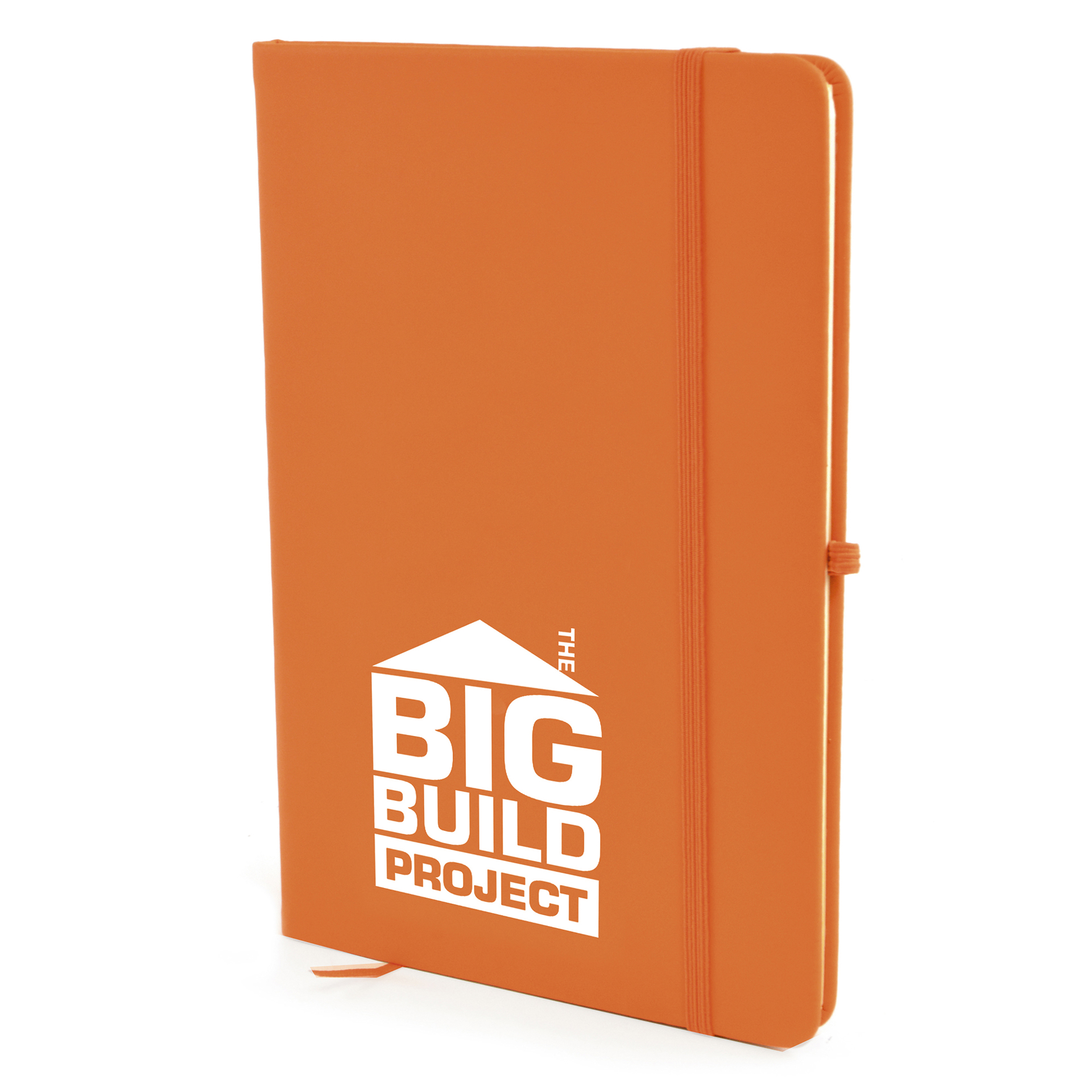 A5 soft touch notebook in orange with colour match ribbon, elastic closure strap and pen loop with 1 colour white print logo