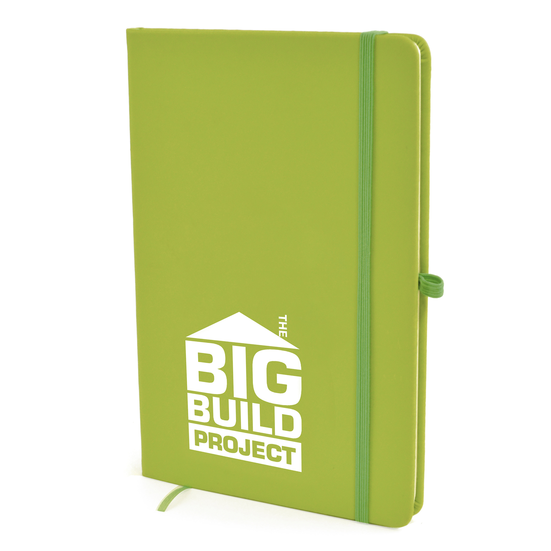 A5 soft touch notebook in green with colour match ribbon, elastic closure strap and pen loop with 1 colour white print logo