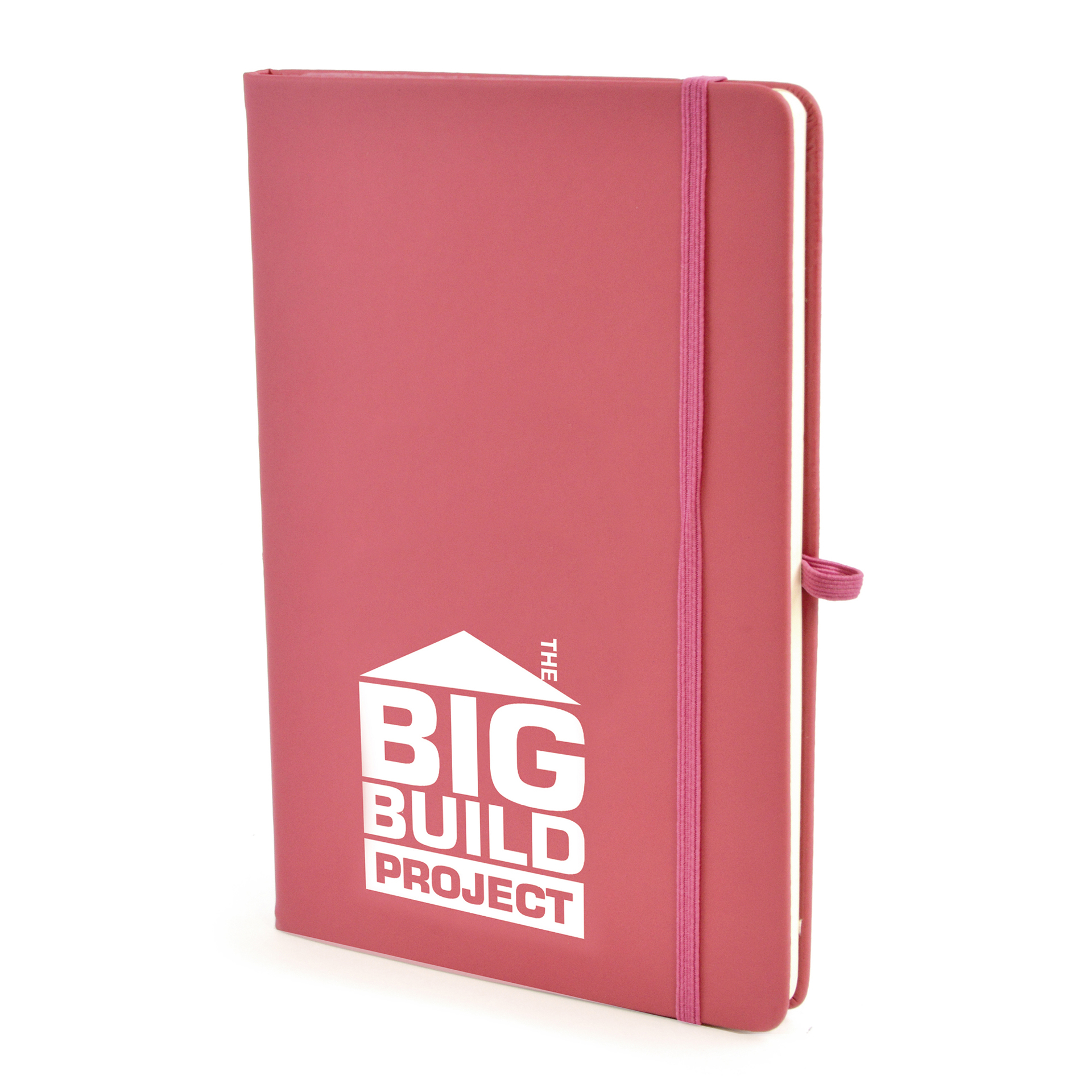A5 soft touch notebook in pink with colour match ribbon, elastic closure strap and pen loop with 1 colour white print logo