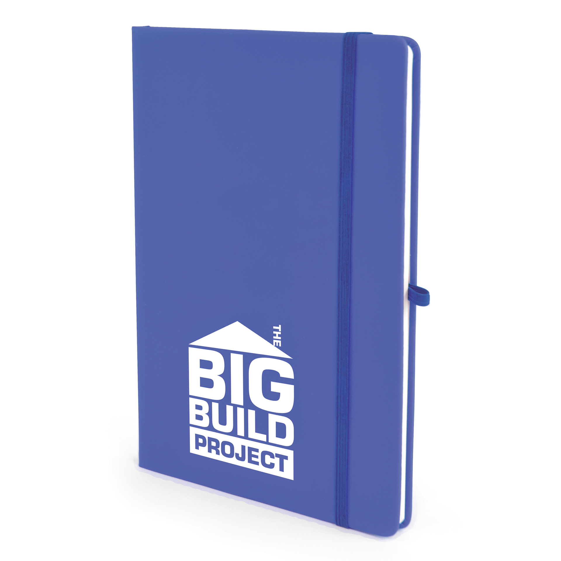 A5 soft touch notebook in blue with colour match ribbon, elastic closure strap and pen loop with 1 colour white print logo