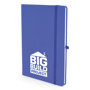 A5 soft touch notebook in blue with colour match ribbon, elastic closure strap and pen loop with 1 colour white print logo