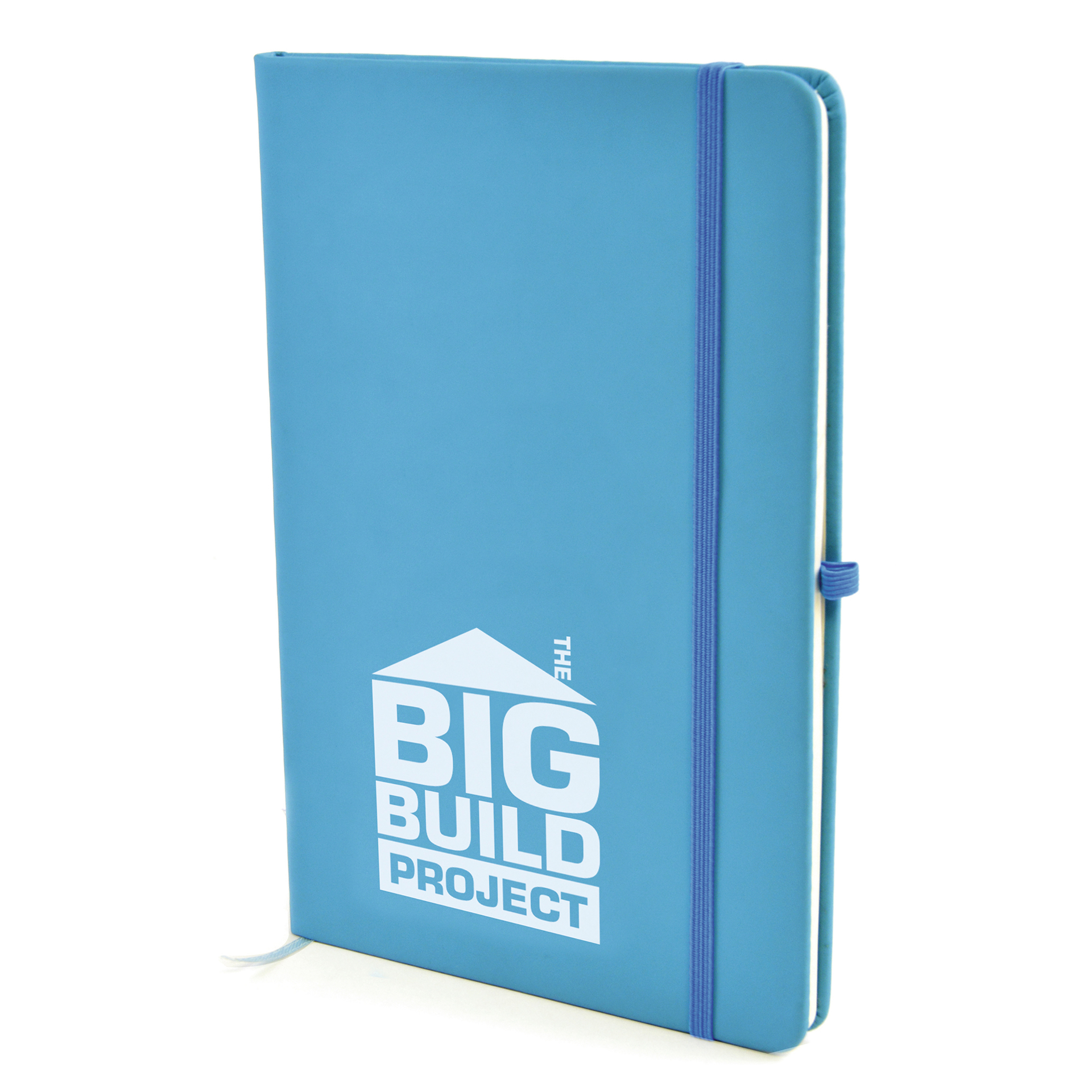 A5 soft touch notebook in cyan with colour match ribbon, elastic closure strap and pen loop with 1 colour white print logo