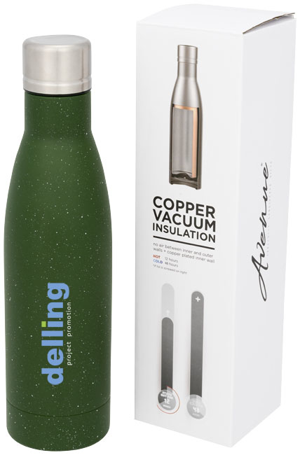 Green Metal Thermal Bottle With White Flecks And Silver Lid