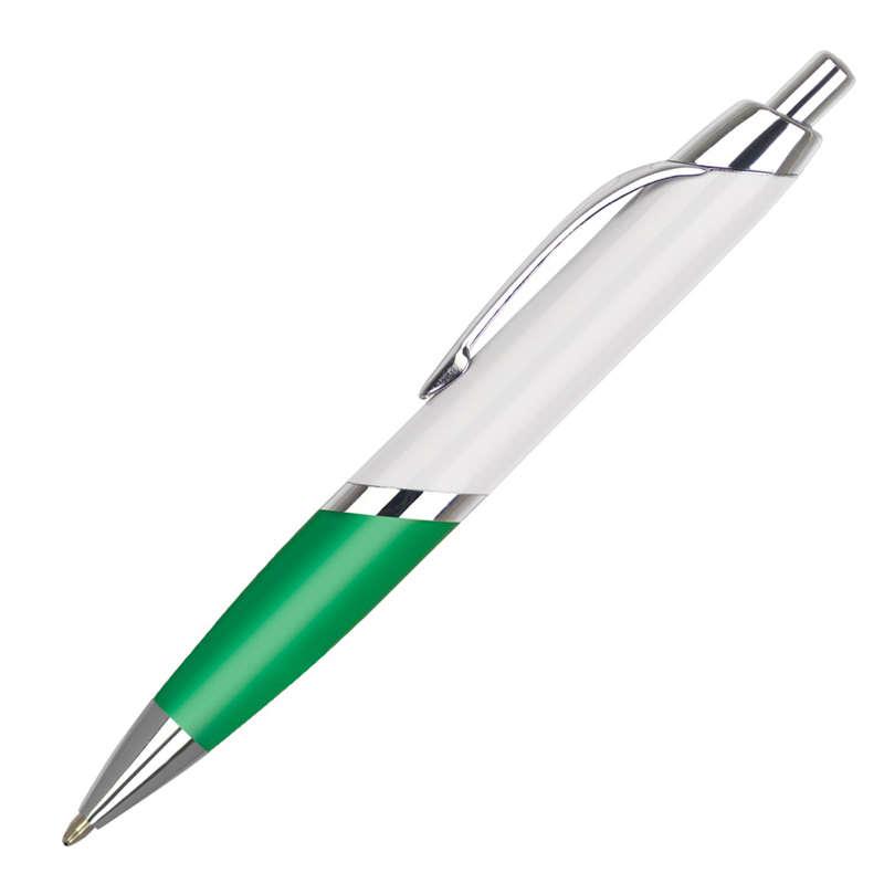 Plastic pen with large print area in white and green