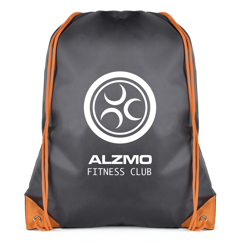 Spencer Drawstring Bag in black with orange corners and string with 1 colour logo