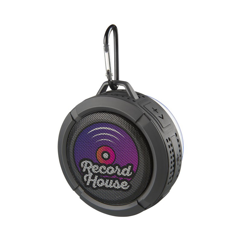 black splash bluetooth speaker with carabiner with full colour print to the front