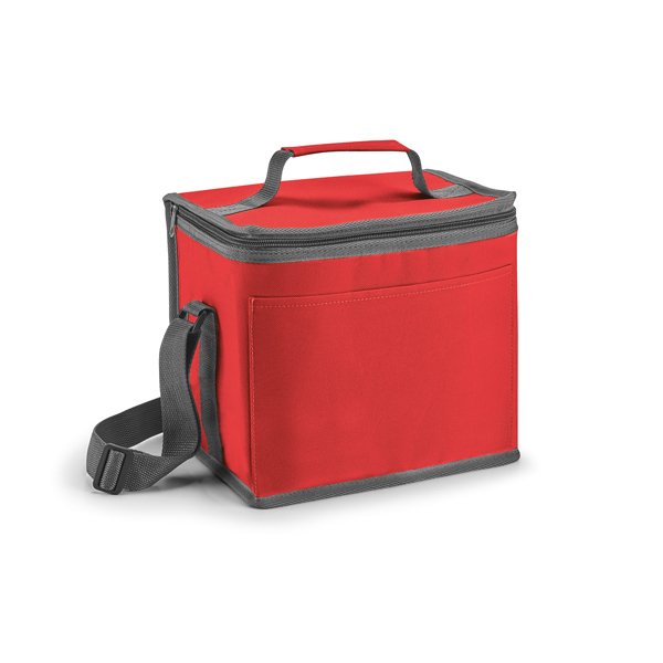 red square cooler bag with grey trim and coordinating handles