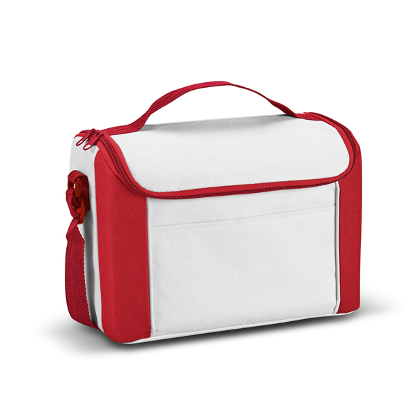 Red and white cooler bag with carry handle and shoulder strap