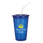 Promotional navy stadium cup with company logo printed to the front