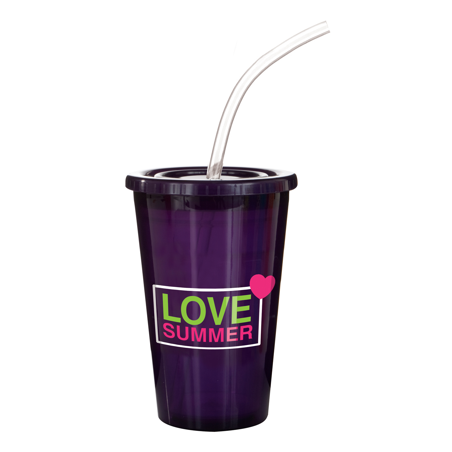 Black stadium drinks cup with matching lid and clear straw, personalised with a logo