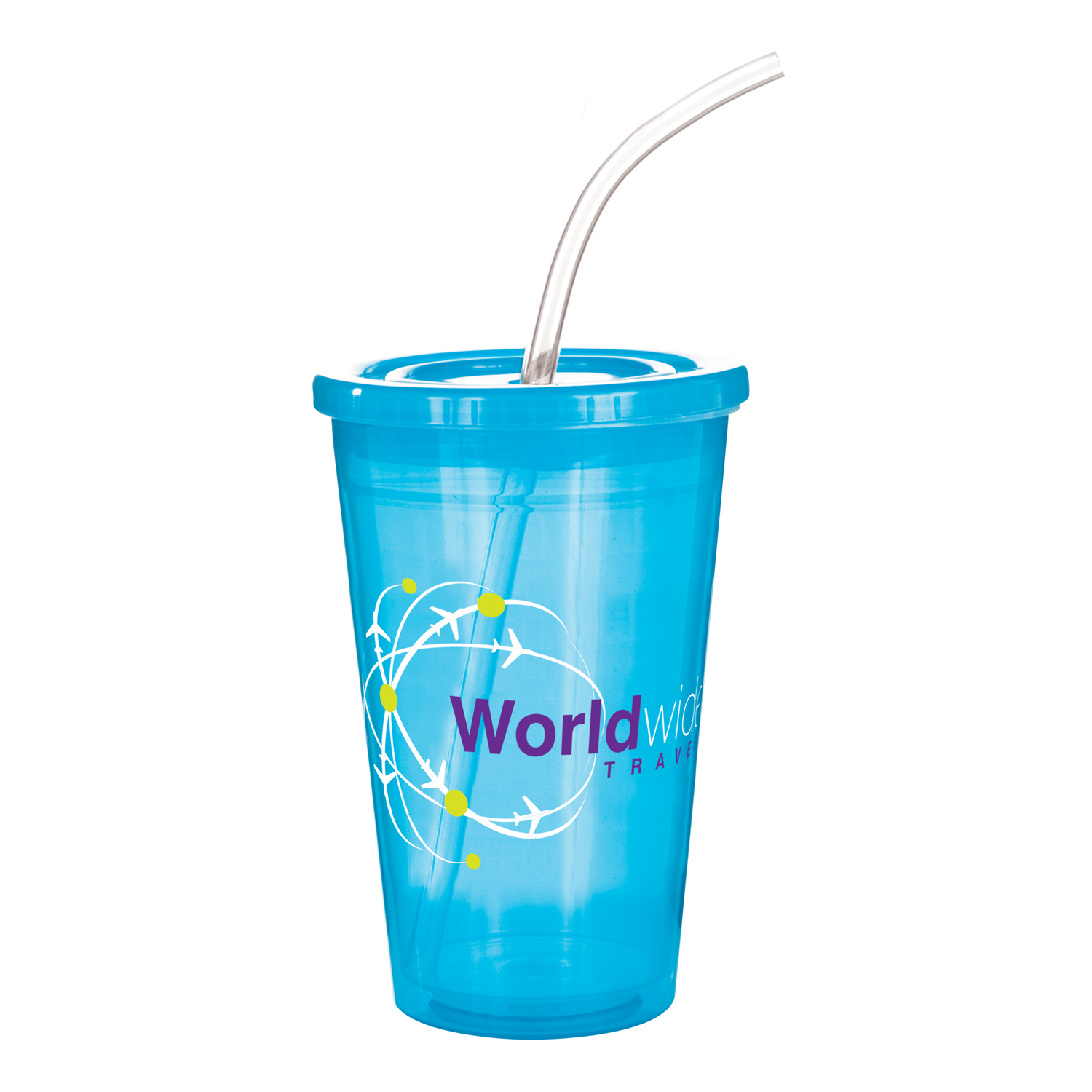 Drink cups with straw and lid in translucent blue
