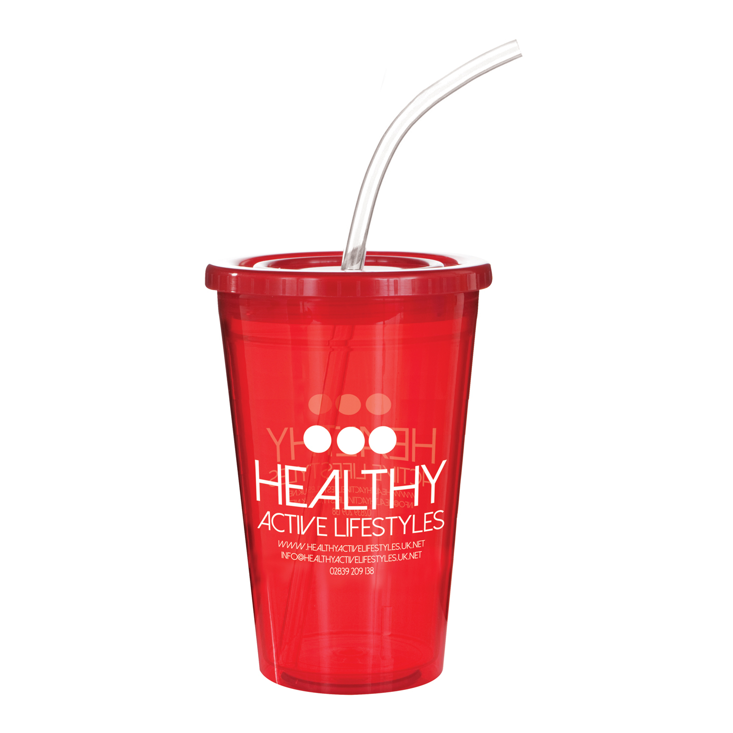 Stadium cup in red with matching lid and clear straw and large wrap around print