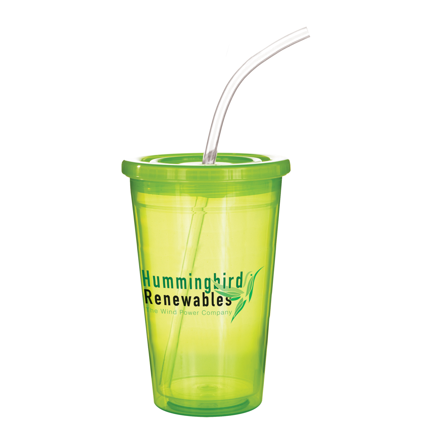 Translucent green stadium drinks cup with matching lid and clear staw