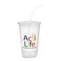 Clear reusable plastic events cup, personalised with a print and supplied with lid and straw