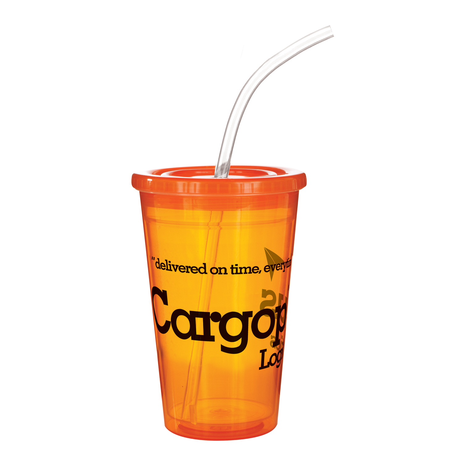 Drinks cup for events in orange with matching lid and clear straw