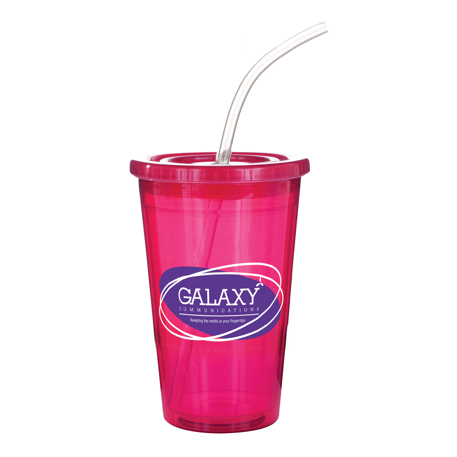 Magenta drinking cup with matching lid and clear straw