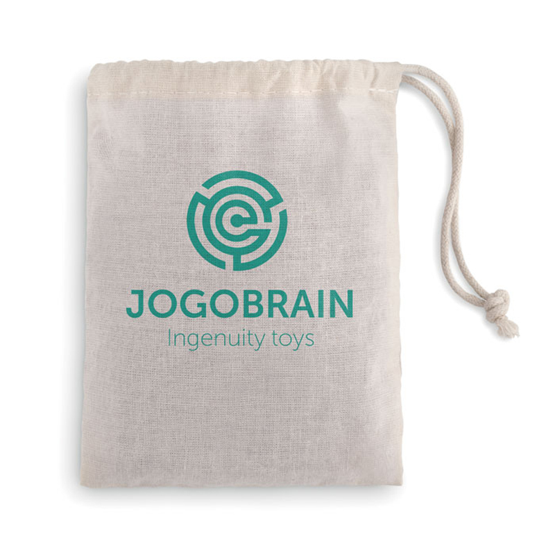 a cotton pouch with one colour branding for the star shaped wooden brain teaser toy