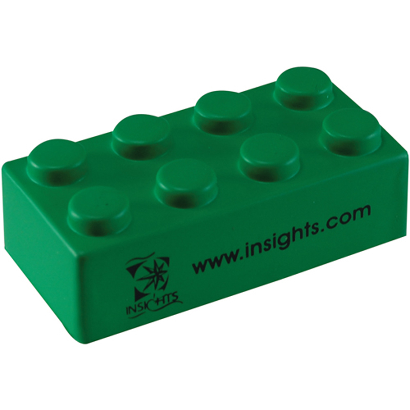 Stress block in green, printed with a company logo on one side