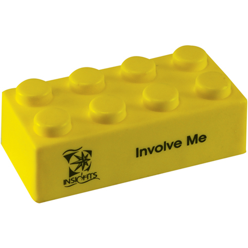 Promotional yellow stress block, printed with a logo