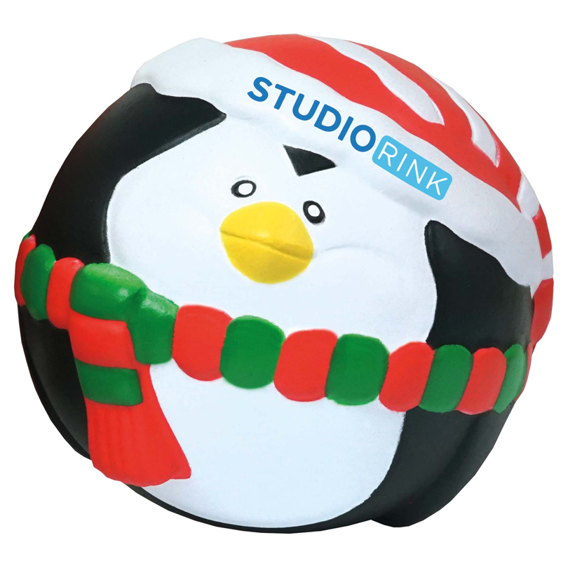The front of the Christmas penguin stress ball, with a company logo printed onto the band of the festive hat