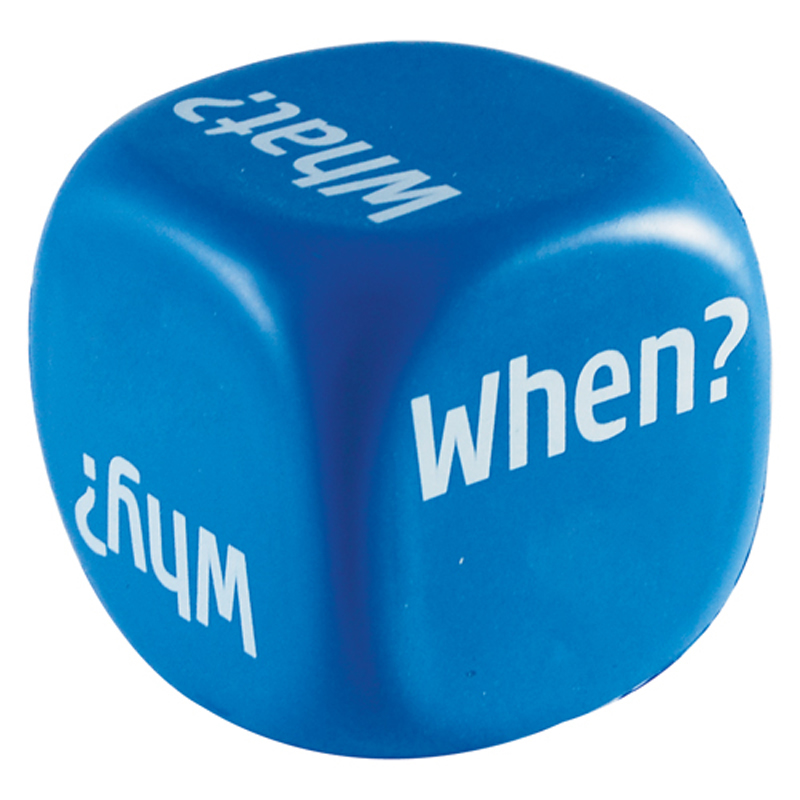 Promotional Stress decision dice in blue printed with custom artwork