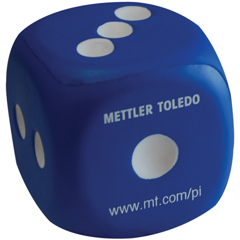 Promotional stress dice in blue with company details printed