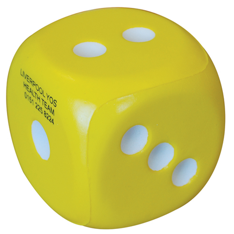 Branded stress dice in yellow, printed with a logo