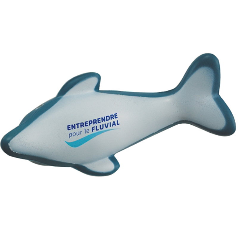 Promotional dolphin stress toy with a company logo printed underneath