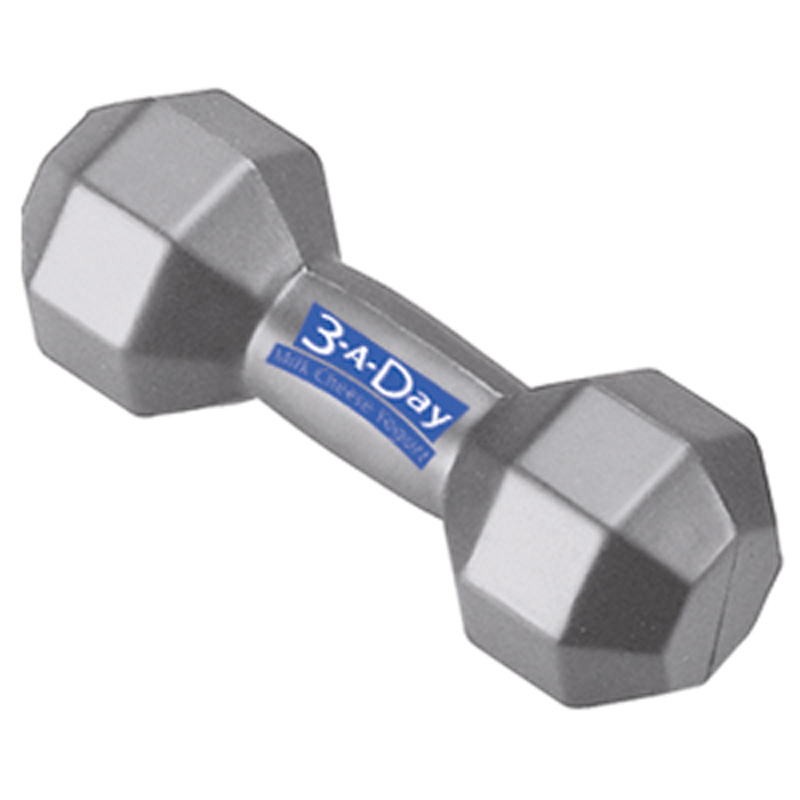 Stress reliever toy in the shape of a silver dumbbell