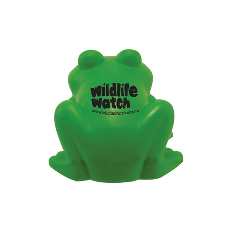 Back of the stress frog with a company logo printed on its back