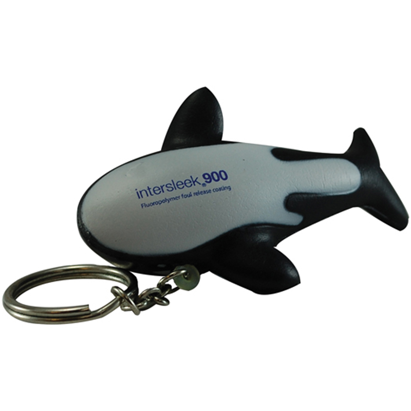 Killer whale stress toy keyring with a logo printed on its belly