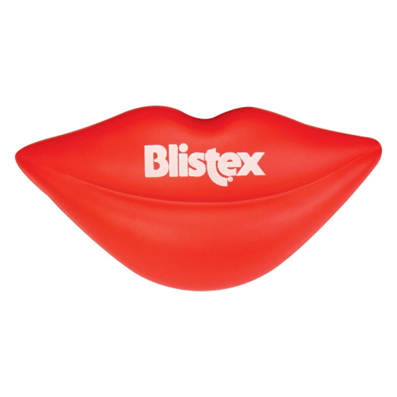 Stress reliever in the shape of red lips, branded with a logo