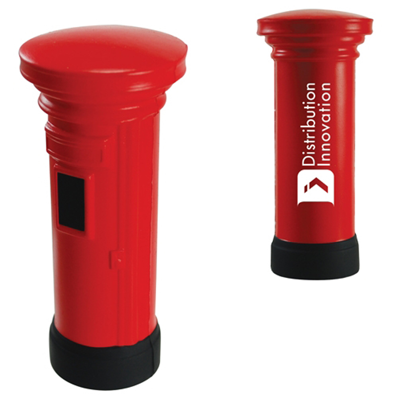 Stress toy in the shape of a red post box, printed with a logo on the back