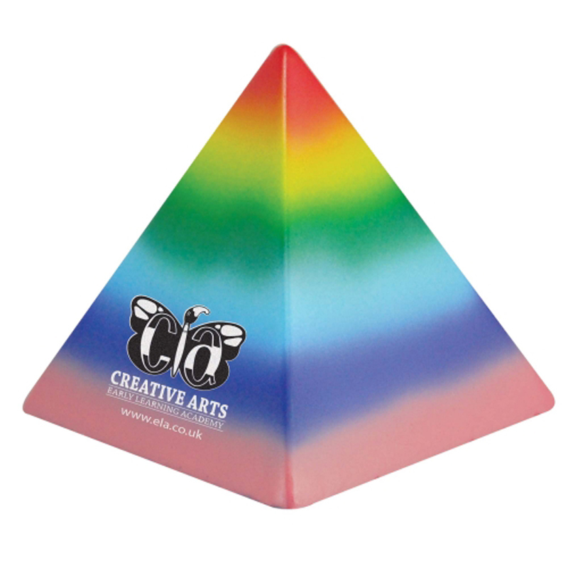 Foam stress toy in the shape of a pyramid with a multi coloured pattern effect
