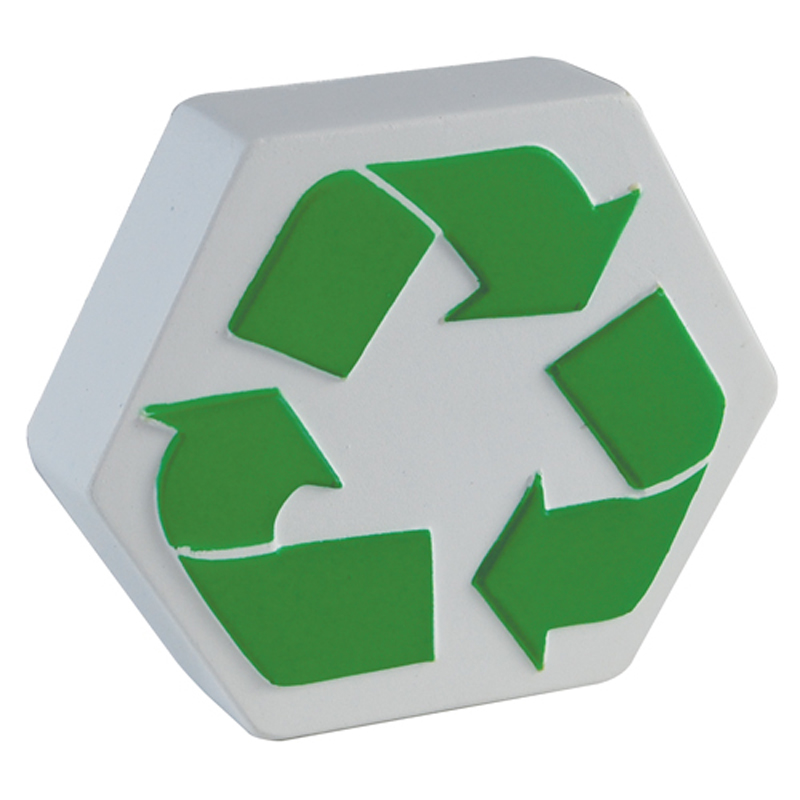 White stress item with recycling logo printed on the front