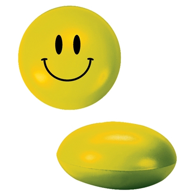 Yellow flat and round stress toy with a smile face printed on one side