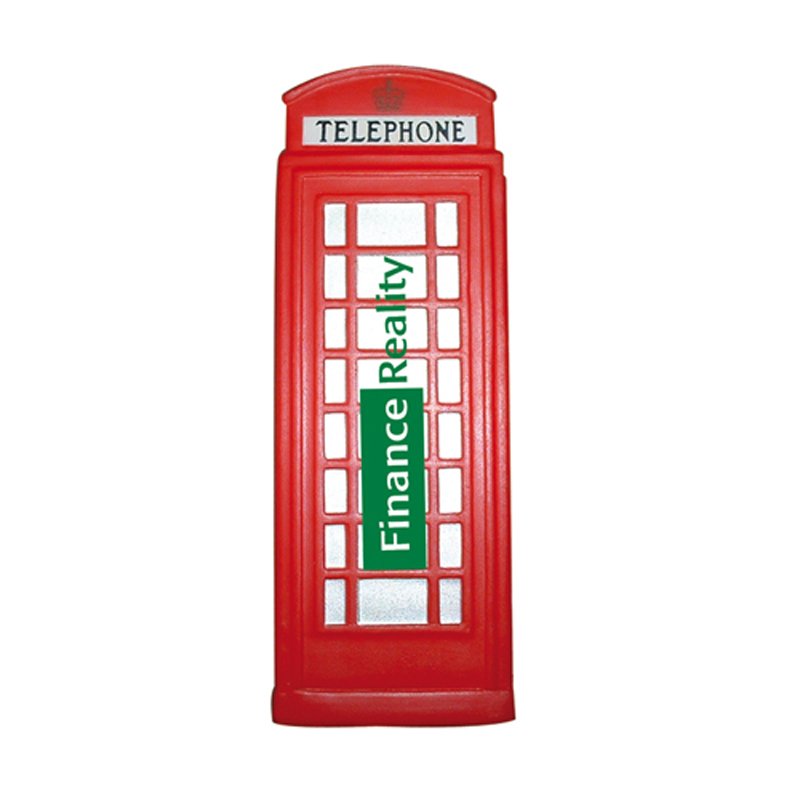 Telephone box stress toy with a company logo printed on the side