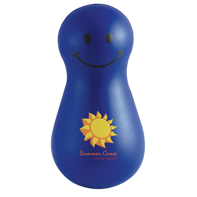 Blue stress wobbler printed with a logo on the front