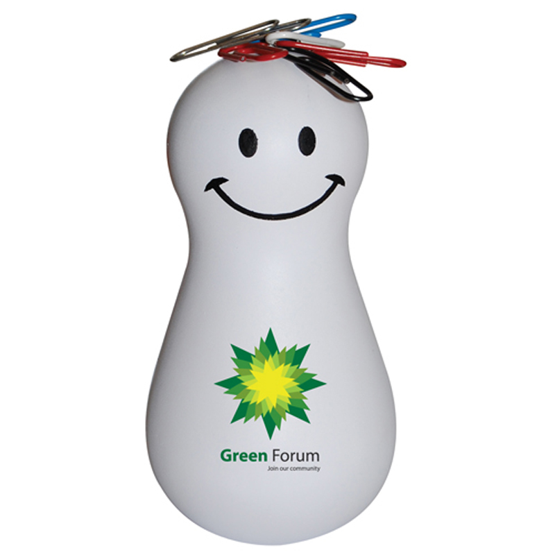 White smiley face stress wobbler personalised with a corporate logo on the belly
